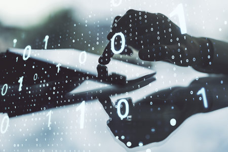 Double exposure of creative abstract binary code hologram and finger clicks on a digital tablet on...