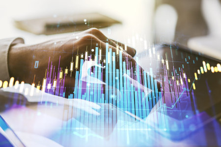 Abstract creative financial graph with finger clicks on a digital tablet on background, forex and...