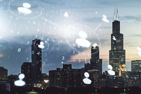 Double exposure of abstract virtual social network icons on Chicago city skyscrapers background. Marketing and promotion conceptの写真素材