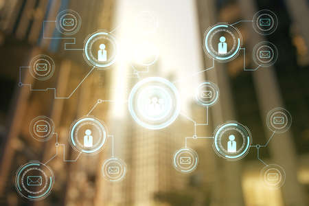 Abstract virtual social network hologram on modern architecture background. Double exposureの写真素材