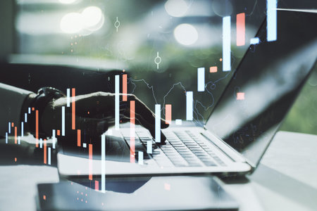 Multi exposure of abstract financial diagram with hand typing on computer keyboard on background,...