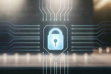 Double exposure of virtual creative lock hologram with chip on modern business center exterior...