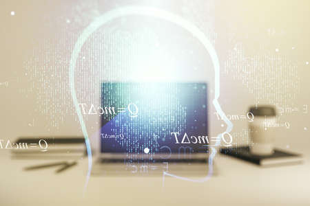 Creative artificial Intelligence concept with human head sketch on modern computer background. Double exposureの写真素材