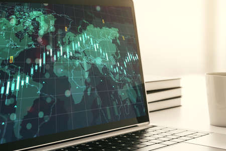 Abstract creative financial diagram with world map on modern computer monitor, banking and accounting concept. 3D Renderingの写真素材