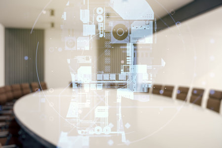 Double exposure of creative human head microcircuit hologram on a modern boardroom background....