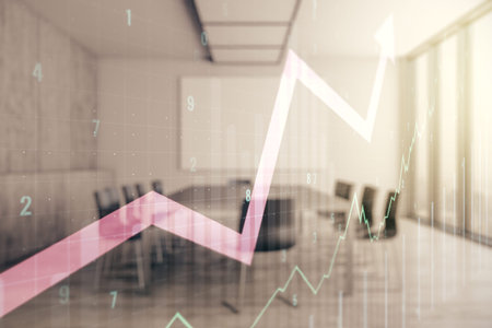 Multi exposure of virtual abstract financial chart and upward arrow interface on a modern meeting...