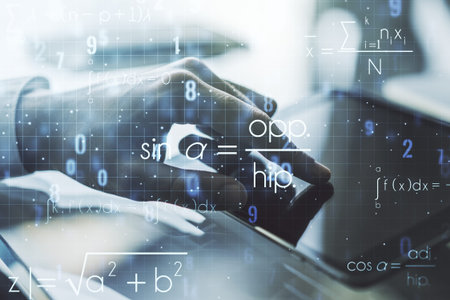 Double exposure of creative scientific formula concept with finger clicks on a digital tablet on...