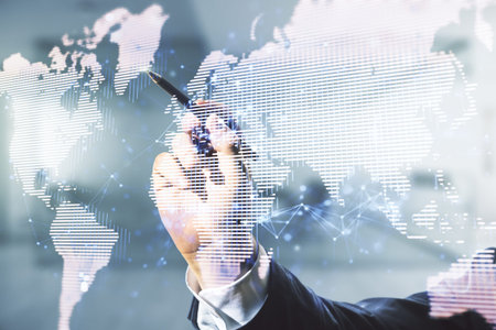 Multi exposure of businessman hand with pen working with abstract creative digital world map...