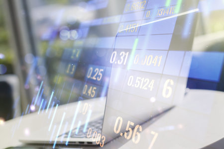 Multi exposure of abstract creative financial chart on computer background, research and analytics...
