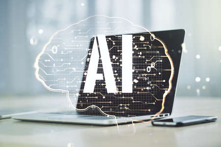 Double exposure of creative artificial Intelligence symbol with modern laptop on background. Neural networks and machine learning conceptの写真素材