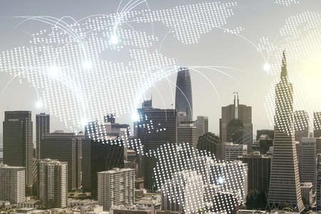 Double exposure of abstract digital world map hologram with connections on San Francisco city skyscrapers background, research and strategy conceptの写真素材