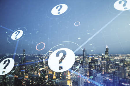 Abstract virtual question mark illustration on Chicago skyline background. FAQ and search concept. Multiexposureの写真素材