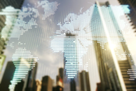 Multi exposure of abstract creative digital world map hologram on office buildings background,...