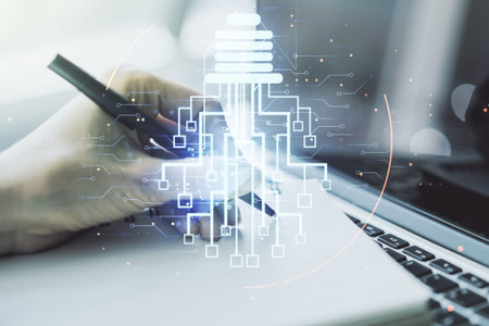 Creative idea concept with light bulb and microcircuit illustration and hand writing in notebook on...