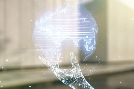 Multi exposure of abstract creative digital world map hologram on blurry modern office building background, tourism and traveling conceptの写真素材