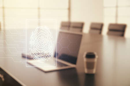 Multi exposure of abstract graphic fingerprint sketch on modern computer background, fingerprint scan data conceptの写真素材