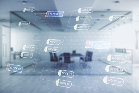 Abstract virtual coding concept on a modern furnished office background. Multiexposure