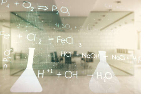 Abstract virtual chemistry illustration on a modern furnished classroom background, science and research concept. Multiexposureの写真素材