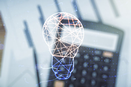 Virtual Idea concept with light bulb illustration on calculator background. Multiexposureの写真素材