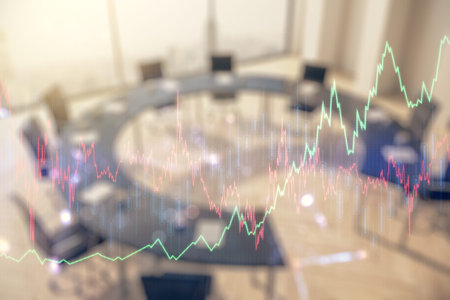 Abstract virtual financial graph hologram on a modern conference room background, forex and...