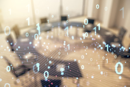 Abstract virtual binary code hologram on a modern coworking room background, AI and machine learning...