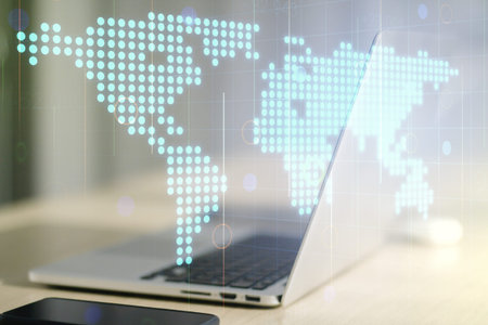 Multi exposure of abstract graphic world map on modern computer background, big data and networking...