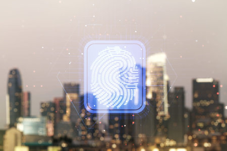 Abstract virtual fingerprint illustration on blurry skyscrapers background, personal biometric data...