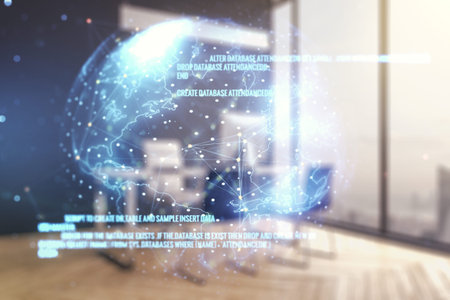 Multi exposure of abstract creative coding sketch with world map and modern desktop with computer on...