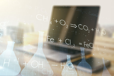 Creative chemistry illustration and modern desktop with pc on background, science and research...