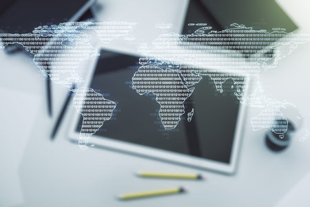 Double exposure of abstract digital world map and digital tablet on background, top view, research...