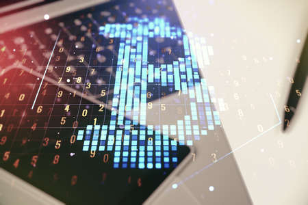 Creative Bitcoin concept with modern computer background. Double exposureの写真素材