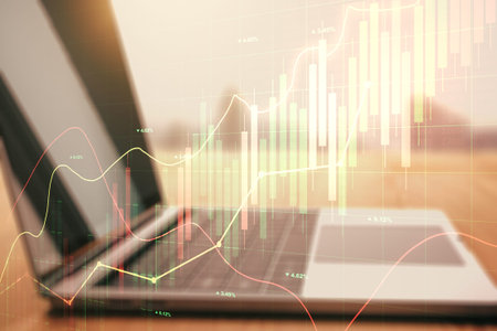 Multi exposure of abstract creative financial chart on computer background, research and analytics...