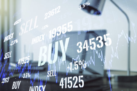 Multi exposure of abstract creative financial chart on computer background, research and analytics...