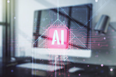 Creative artificial Intelligence symbol concept with modern computer on background. Double exposureの写真素材