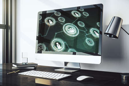 Social network concept on modern laptop screen. 3D Renderingの写真素材