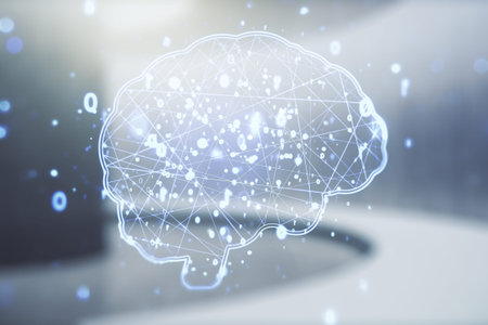 Double exposure of creative artificial Intelligence interface on empty modern office background....
