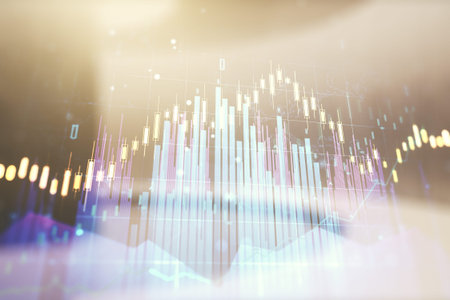 Abstract virtual financial graph hologram on modern interior background, financial and trading...