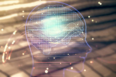 Double exposure of creative human head microcircuit hologram on shiny metal background. Future technology and AI conceptの写真素材