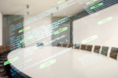 Abstract virtual coding illustration on a modern coworking room background, software development...