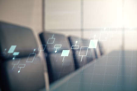 Multi exposure of virtual abstract financial diagram on a modern furnished office interior background, banking and accounting conceptの写真素材