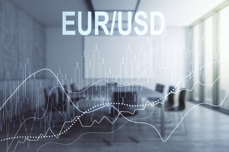 Abstract virtual EURO USD financial chart illustration on a modern conference room background....