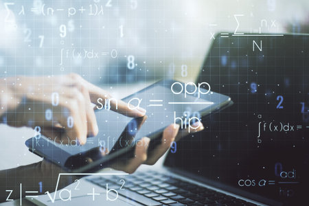 Creative scientific formula concept with finger clicks on a digital tablet on background....