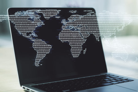 Multi exposure of abstract graphic world map on computer background, connection and communication conceptの写真素材