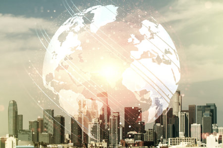 Multi exposure of abstract graphic world map hologram on Los Angeles office buildings background,...