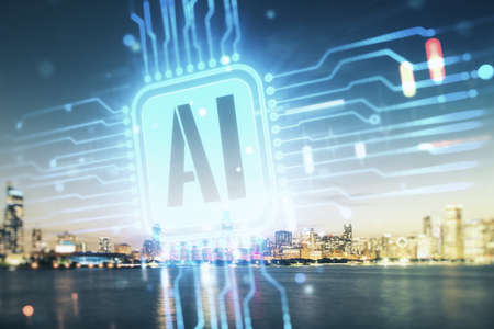 Double exposure of creative artificial Intelligence icon on Chicago city skyscrapers background. Neural networks and machine learning conceptの写真素材