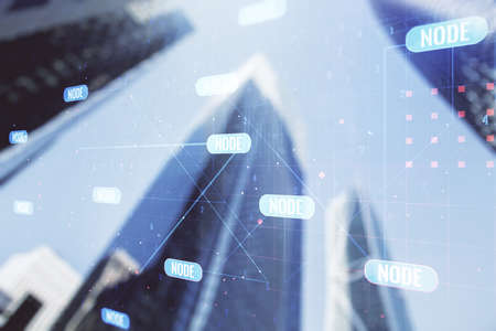 Multi exposure of abstract programming language hologram on blurry cityscape background, artificial intelligence and machine learning conceptの写真素材