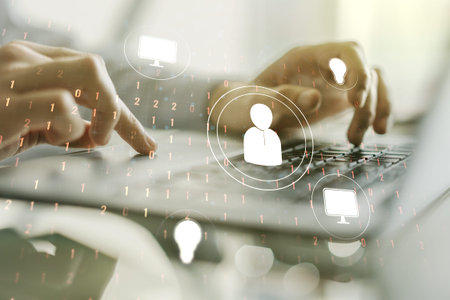Social network media concept with hands typing on computer keyboard on background. Double exposure