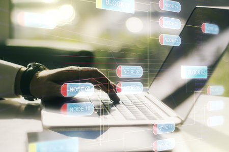 Multi exposure of abstract creative coding sketch and hands typing on computer keyboard on background, artificial intelligence and neural networks conceptの写真素材