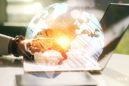 Multi exposure of abstract graphic world map and hands typing on computer keyboard on background,...