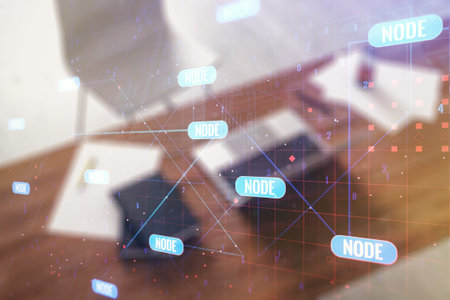 Abstract creative coding concept and modern desktop with computer on background. Multiexposure